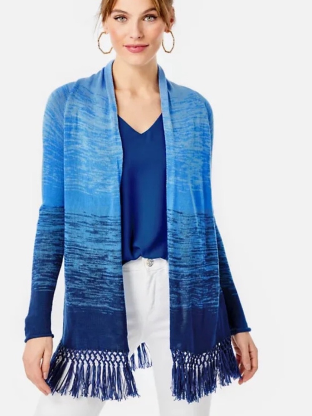 NWT Lilly Pulitzer Tatum Blue Thistle Marled Ombré Fringed Cardigan XL